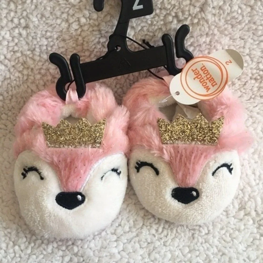 Wonder Nation Fox‎ Slippers Baby Girls Size 3 Pink NEW Glitter Crown Faux Fur